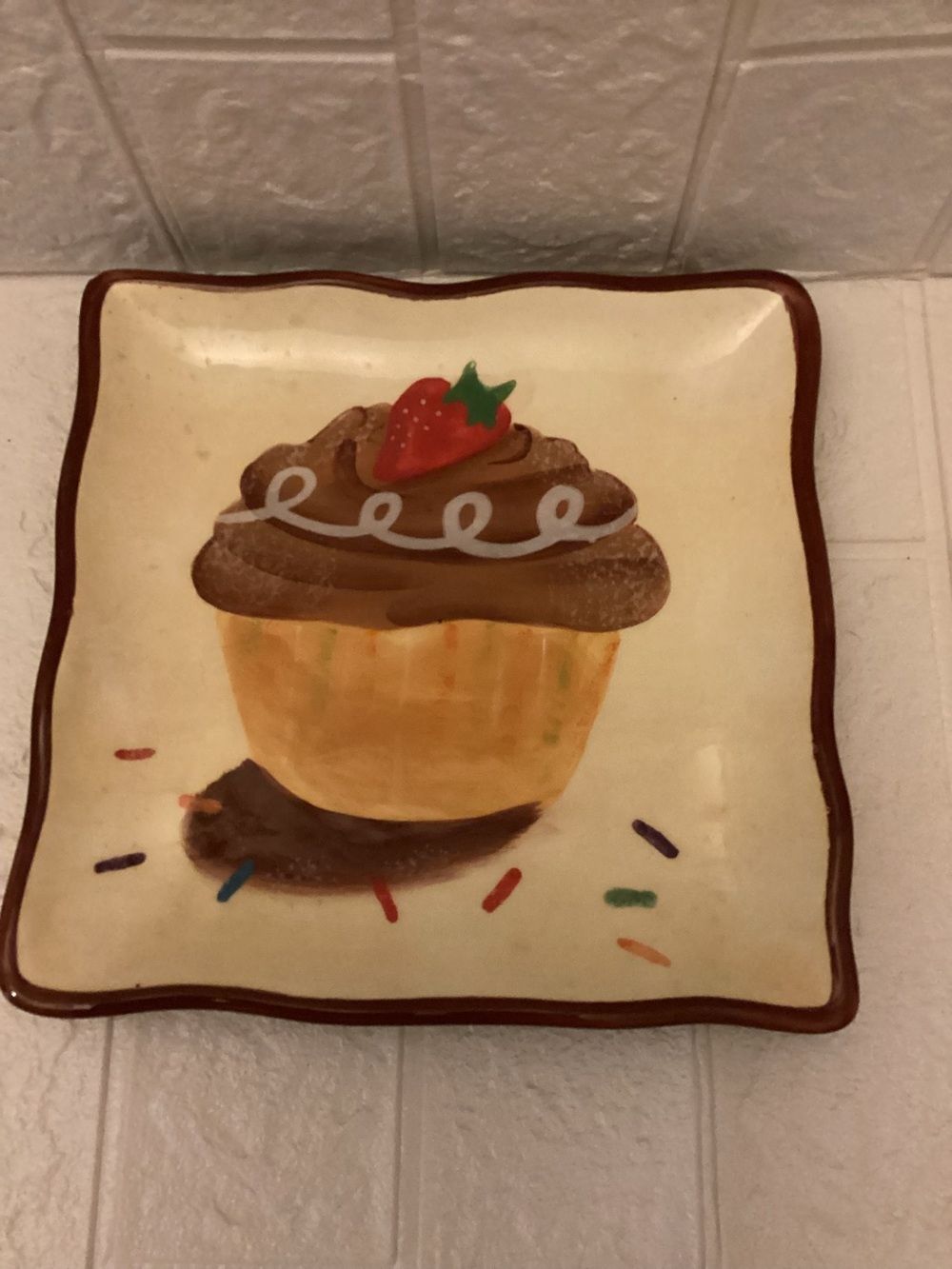 Cupcakes by Clay Art Square Salad Plate Cupcake Center Red Trim